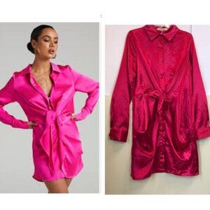 Morrisday NEW Satin Ruched Shirt Dress Ruby Fuchsia Wrap Button Up Ties Preppy S